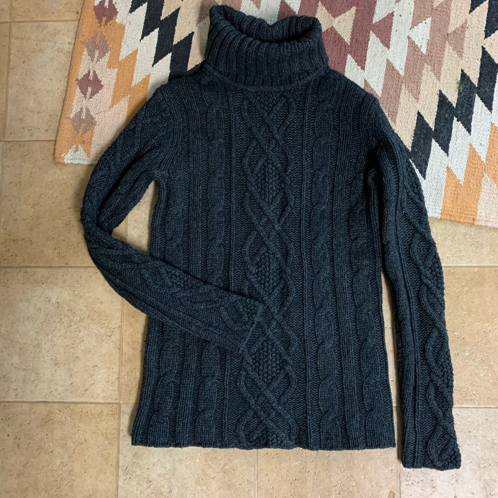 Wool Blend Cable Knit Turtleneck Sweater